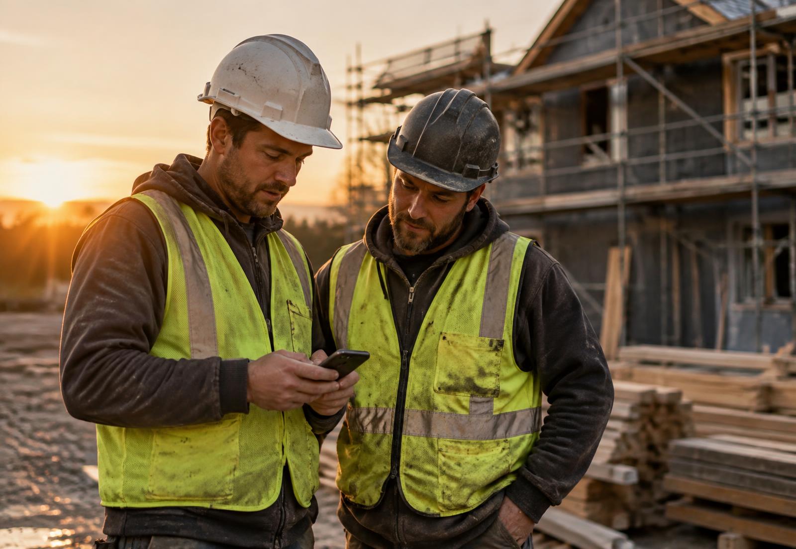 Construction crew reviewing a job on a phone at a jobsite